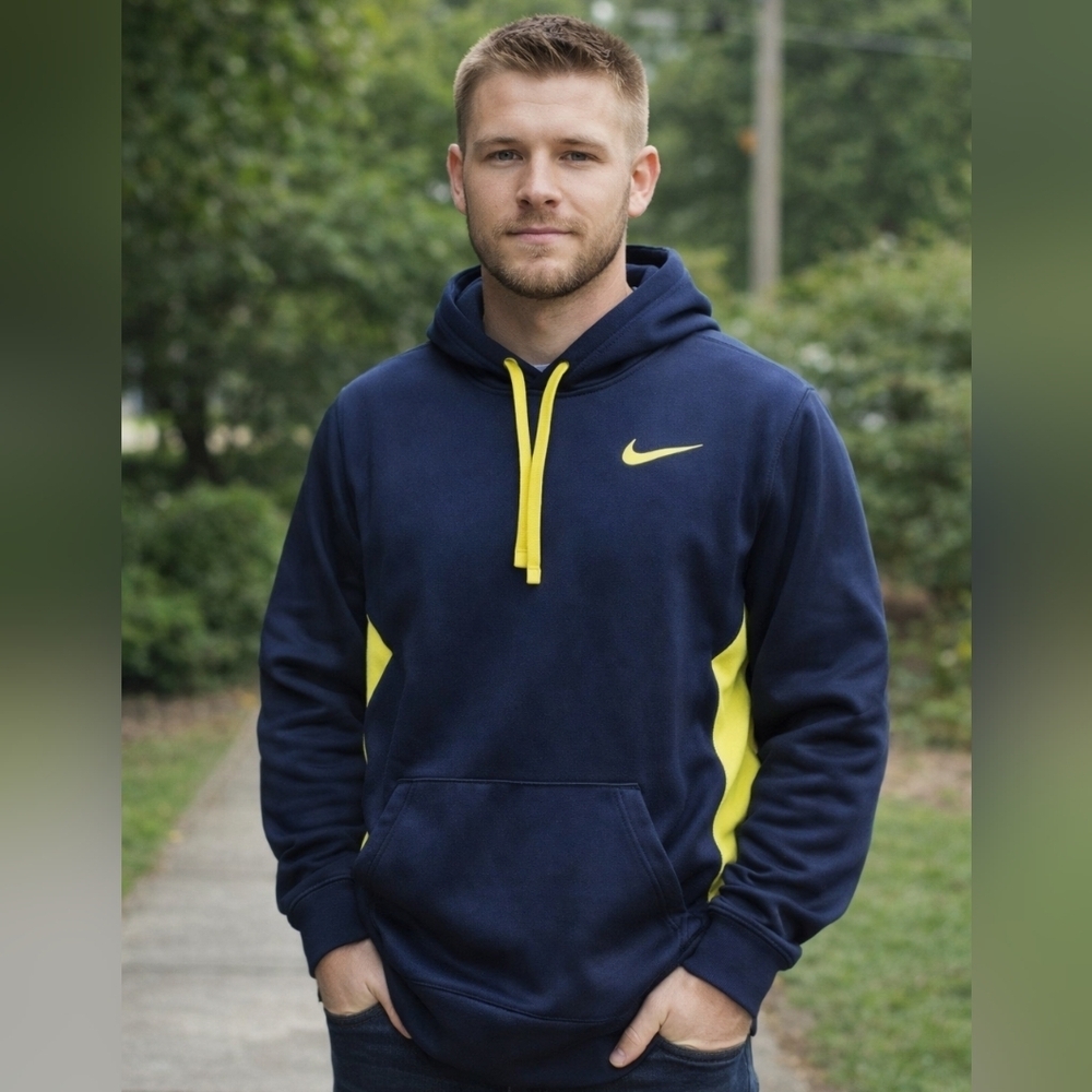 Nike Mens Medium Therma Fit Knockout Hoodie Sweatshirt Dark Blue /Neon Yellow